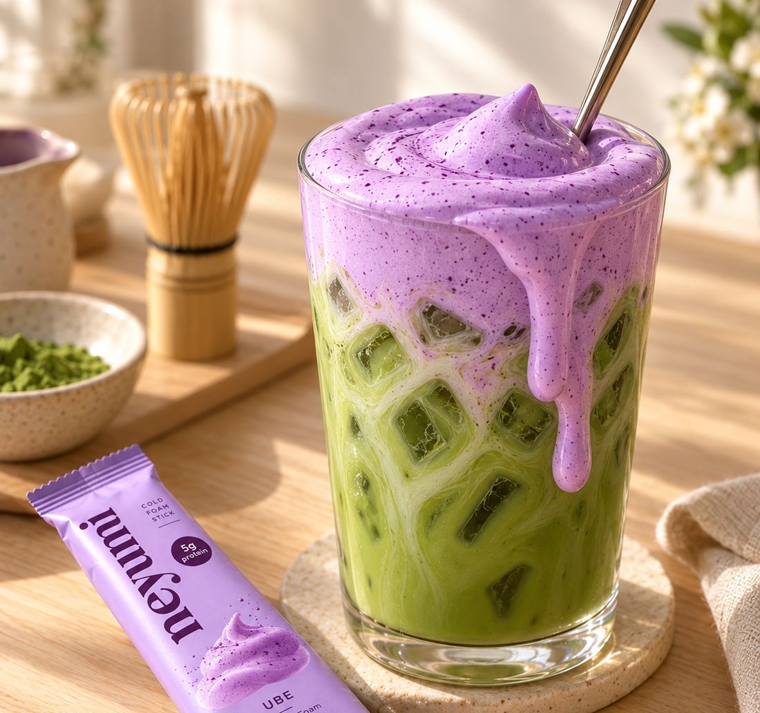 Iced matcha topped with purple Neyumi ube cold foam