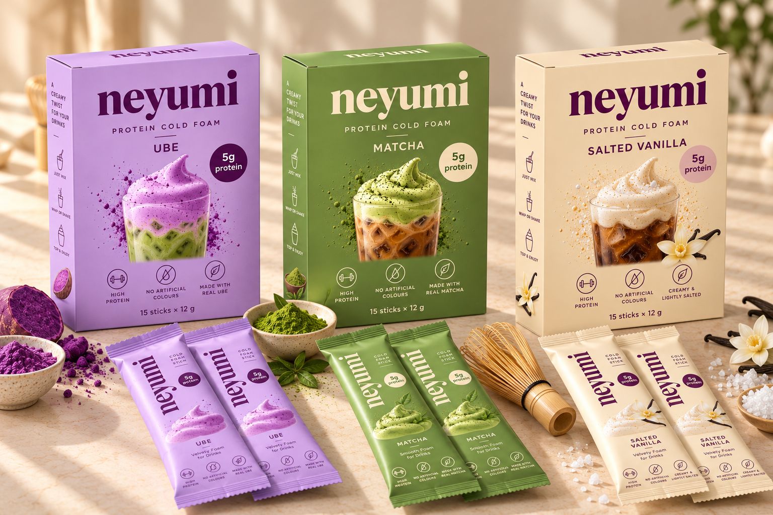 Neyumi Ube, Matcha and Salted Vanilla boxes and sticks