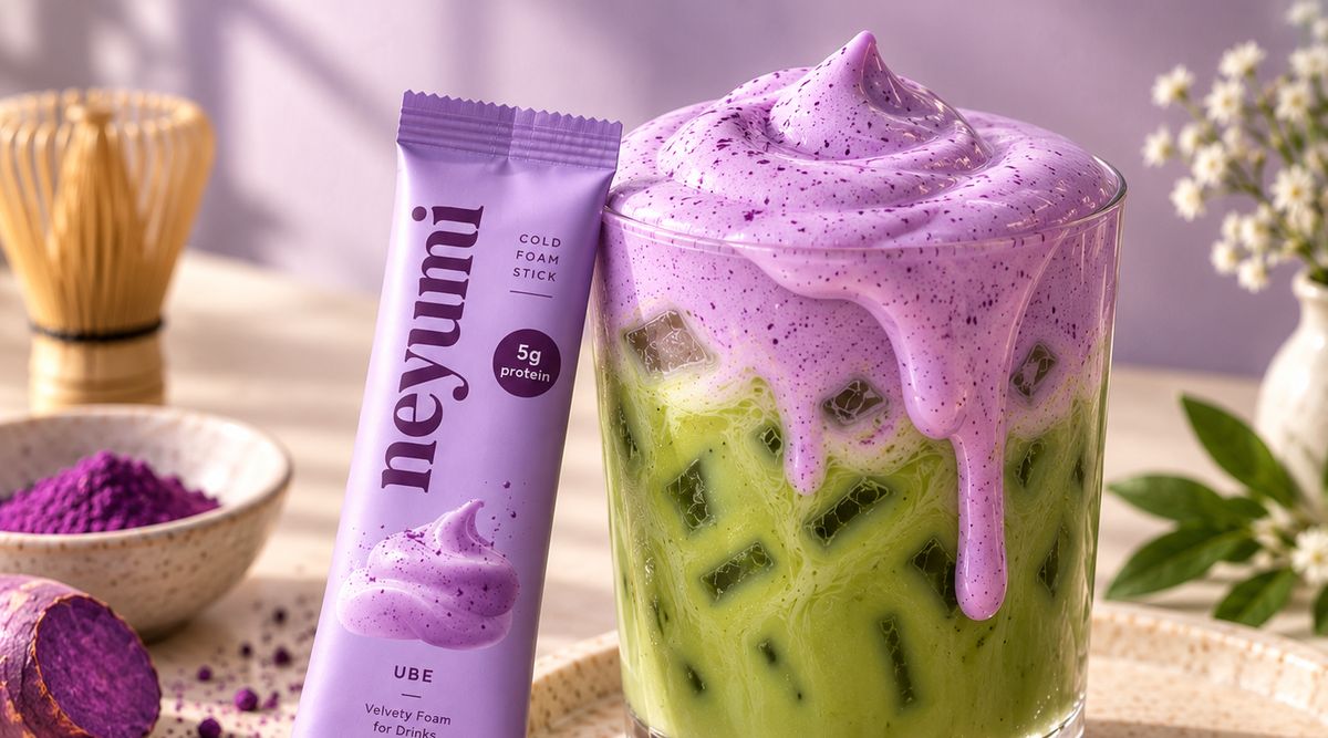 Ube cold foam on iced matcha